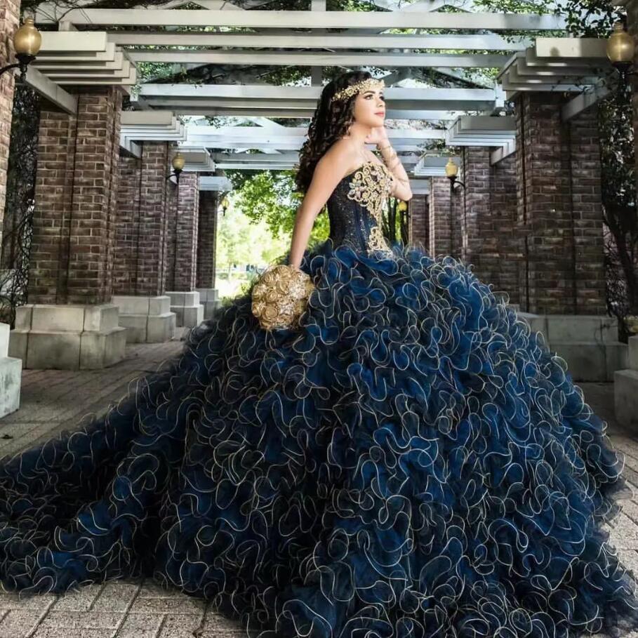 Navy Blue Quinceanera Dresses Beads Appliques Sweetheart Ruffles Corset Birthday Prom Gown Vestido De 15 Anos Quinceanera