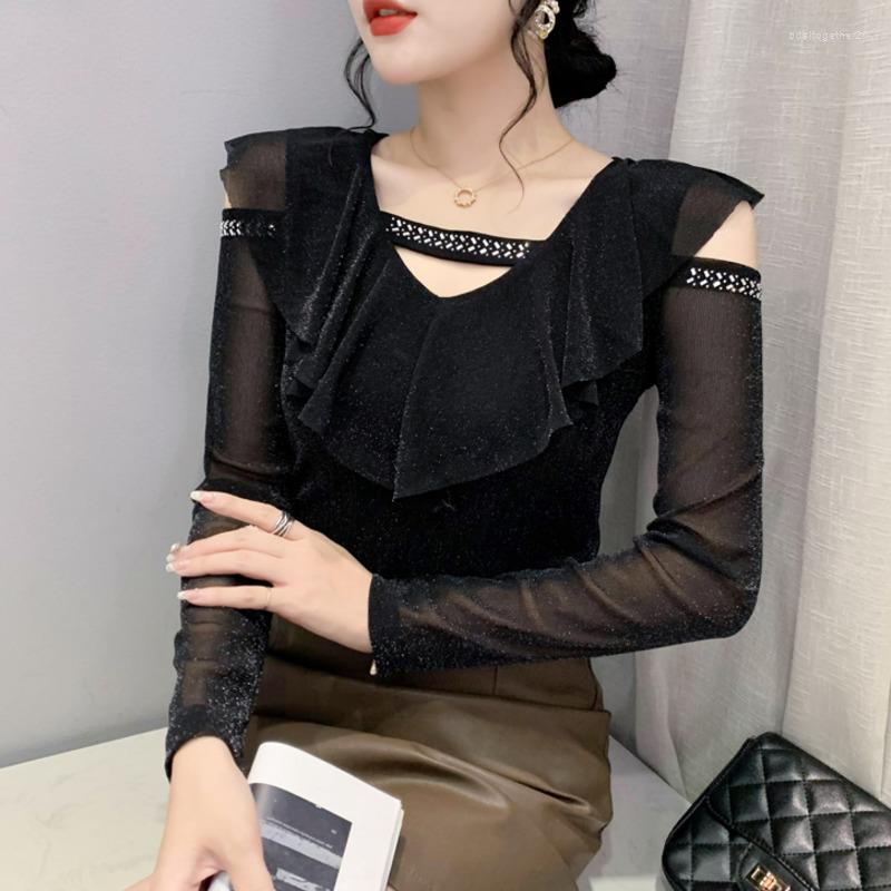 Women's T Shirts #8042 Black Blue Short Mesh Shirt Women Hollow Out Ruffles Shiny Diamonds Off Shoulder Thin Sexy Tshirt V-neck
Women's T Shirts #8042 Black Blue Short Mesh Shirt Women Hollow Out Ruffles Shiny Diamonds Off Shoulder Thin Sexy Tshirt V-neck