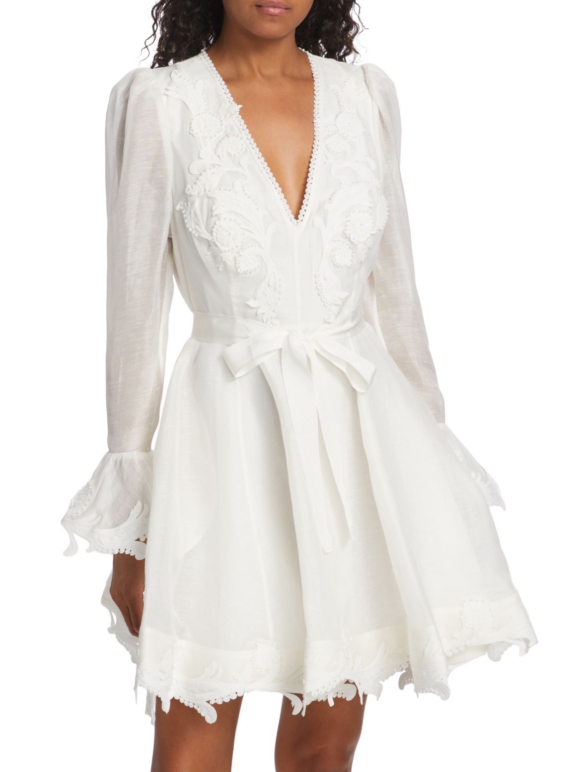Runway Dresses Australian designer Silk and hemp studded embroidered V-neck flared sleeve mini dress, White
Runway Dresses Australian designer Silk and hemp studded embroidered V-neck flared sleeve mini dress, White