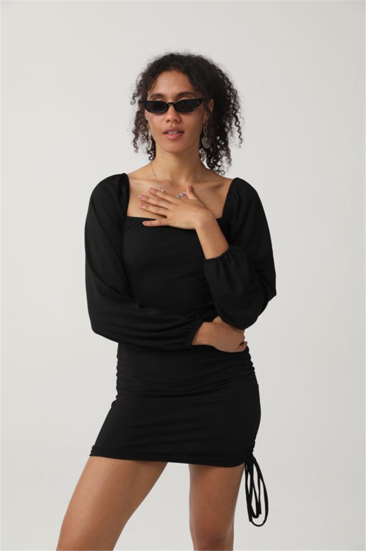 Square Collar Bandage Dress Women Solid Pleated Lantern Sleeve Dress Wrap Chest Ruched Bodycon Mini Autumn Dresses