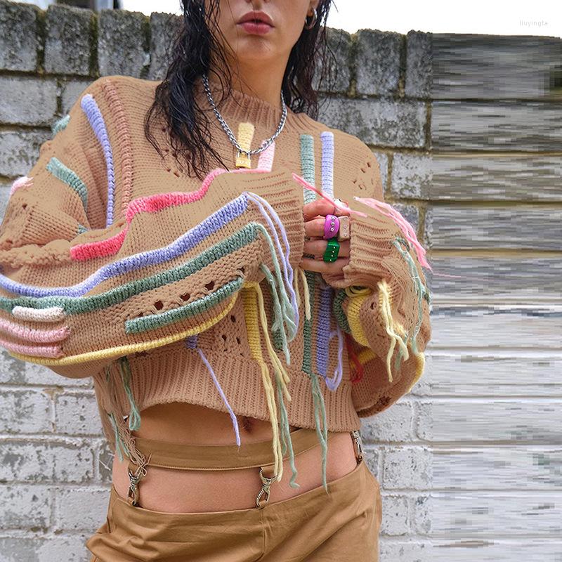 Women's Cotton Tassel Knit Sweater, Colorful Striped Fringe Pullover, Loose Oversize Blouse, Khaki, B4