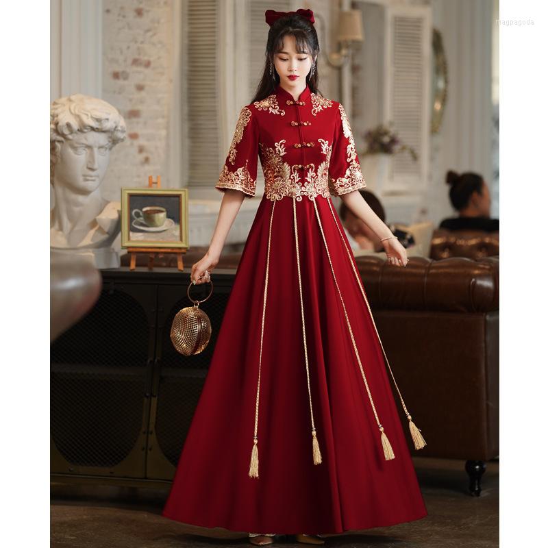 Ethnic Clothing Burgundy Bride Wedding Party Dress Women's Cheongsam Chinese Style Elegant Long Qipao Sexy Satin Slim Gowns Vestidos
Ethnic Clothing Burgundy Bride Wedding Party Dress Women's Cheongsam Chinese Style Elegant Long Qipao Sexy Satin Slim Gowns Vestidos