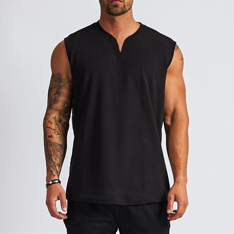 Mens Tank Tops Plain Cotton Vneck Fitness Top Men Summer Muscle Vest Gym Clothing Bodybuilding Sleeveless Shirt Workout Sports Singlets 230524