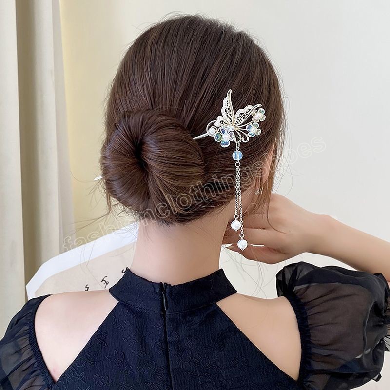 Vintage Chinese Style Hair Stick Tassels Pearls Hairpins Elegant Butterfly Flower Hair Pins Clip Chopsticks Accessories