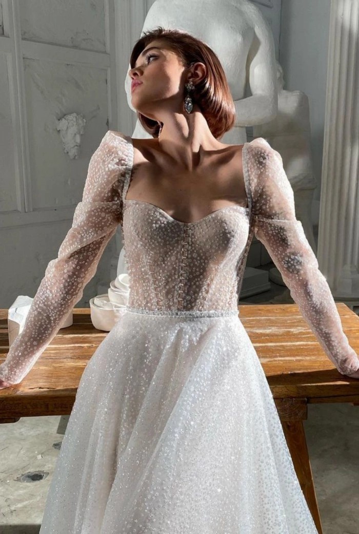 Shiny Sweetheart Princess Wedding Dress Long Sleeve Beading Glitter Sequined Tulle Boho Bridal Gowns 2023 vestidos de novia