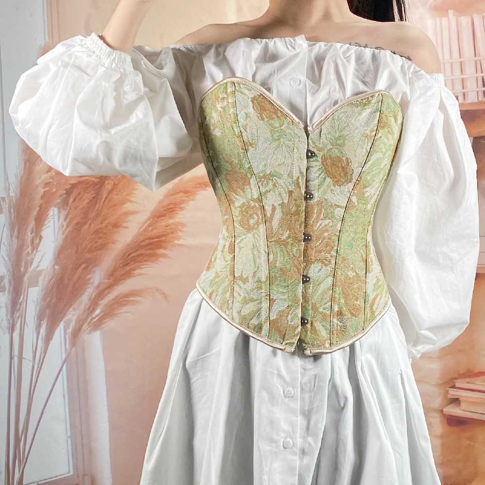 Women's Vintage Corset Top - Monet Oil Painting Style Bustier, 30cm5 Retro Button Strapless Corset, Fishbone Boning Waist Trainer, Spicy Girl Bod
