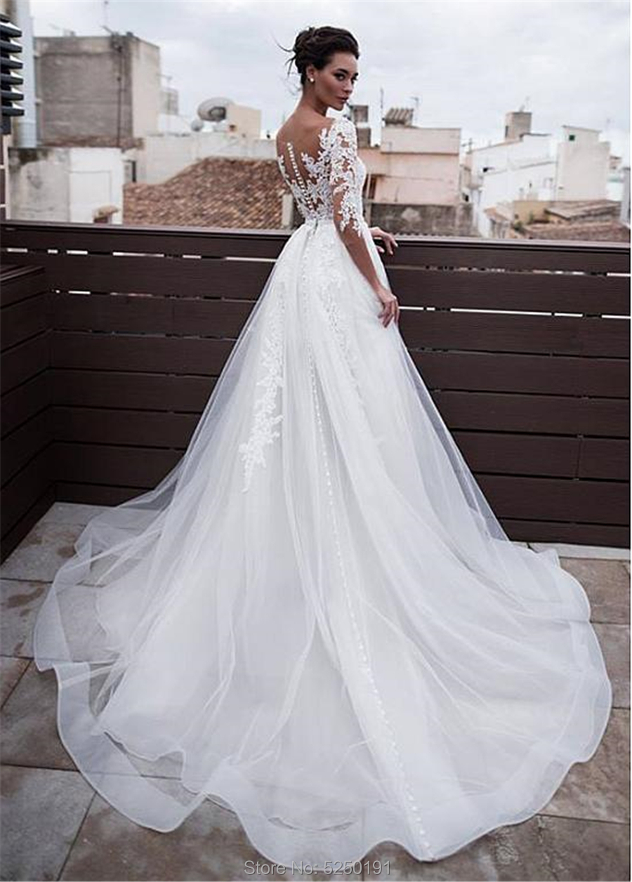 Marvelous Jewel Neckline 2 In 1 Wedding Dress With Detachable Skirt Lace Appliques 3/4 Sleeves Two Pieces Bridal Gowns 2024