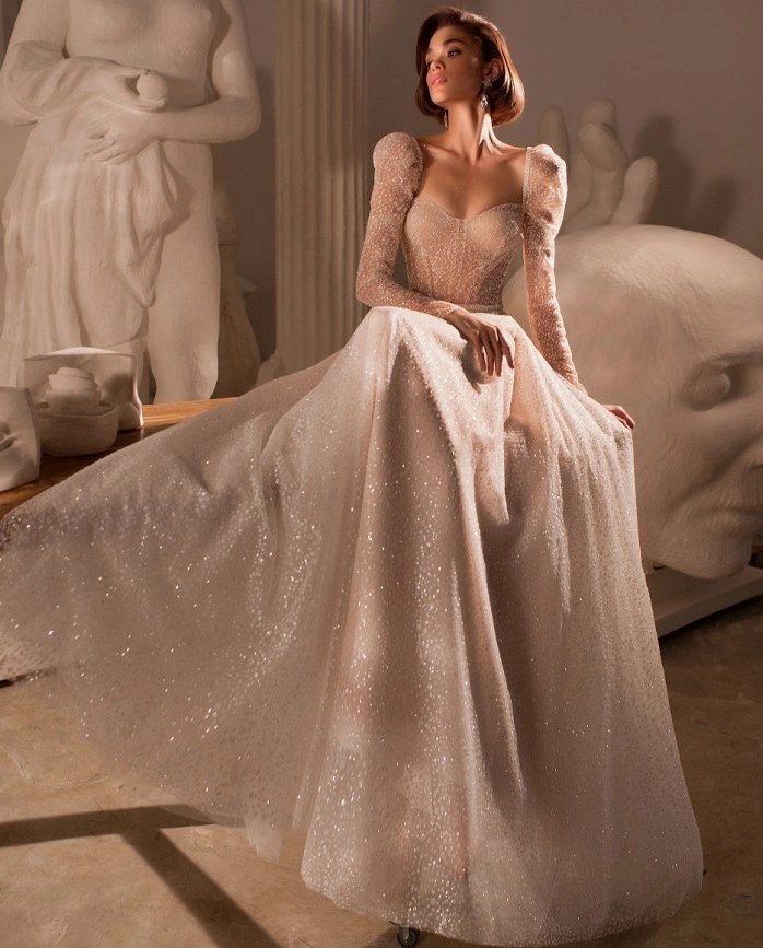 Shiny Sweetheart Princess Wedding Dress Long Sleeve Beading Glitter Sequined Tulle Boho Bridal Gowns 2023 vestidos de novia