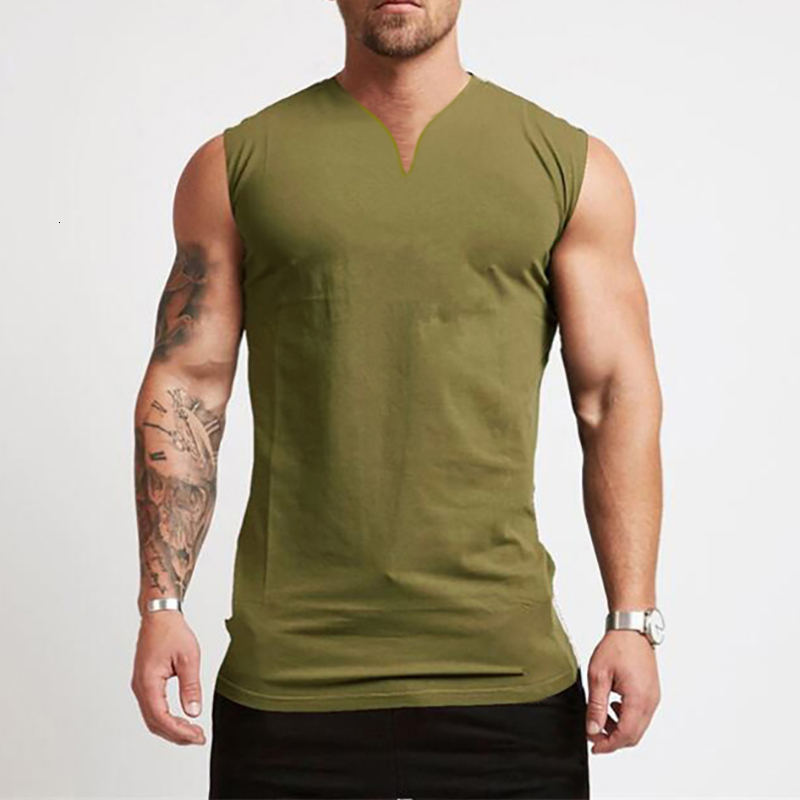 Mens Tank Tops Plain Cotton Vneck Fitness Top Men Summer Muscle Vest Gym Clothing Bodybuilding Sleeveless Shirt Workout Sports Singlets 230524