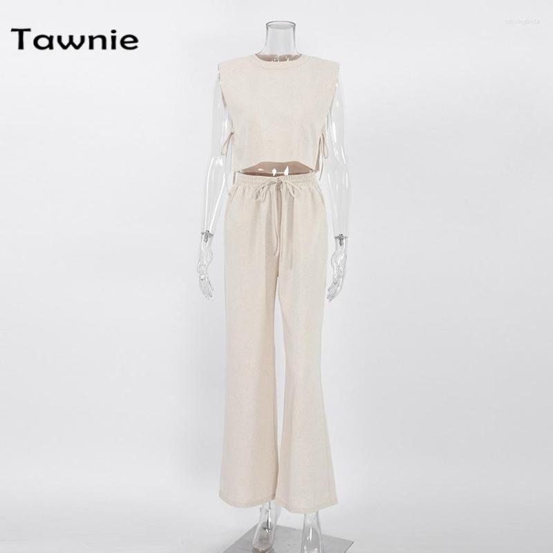 Women's Two Piece Pants Tawnie 2023 Summer Linen Sets Women Fashion Sexy Sleeveless Lace-Up Crop Tops Vacation Loose Long 2 Suits