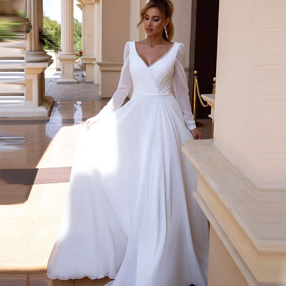 Elegant V-Neck Chiffon Wedding Dress Long Sleeves Simple Wedding Gowns Backless Bridal Gown For Women Robe De Mariee, Dark navy
Elegant V-Neck Chiffon Wedding Dress Long Sleeves Simple Wedding Gowns Backless Bridal Gown For Women Robe De Mariee, Dark navy