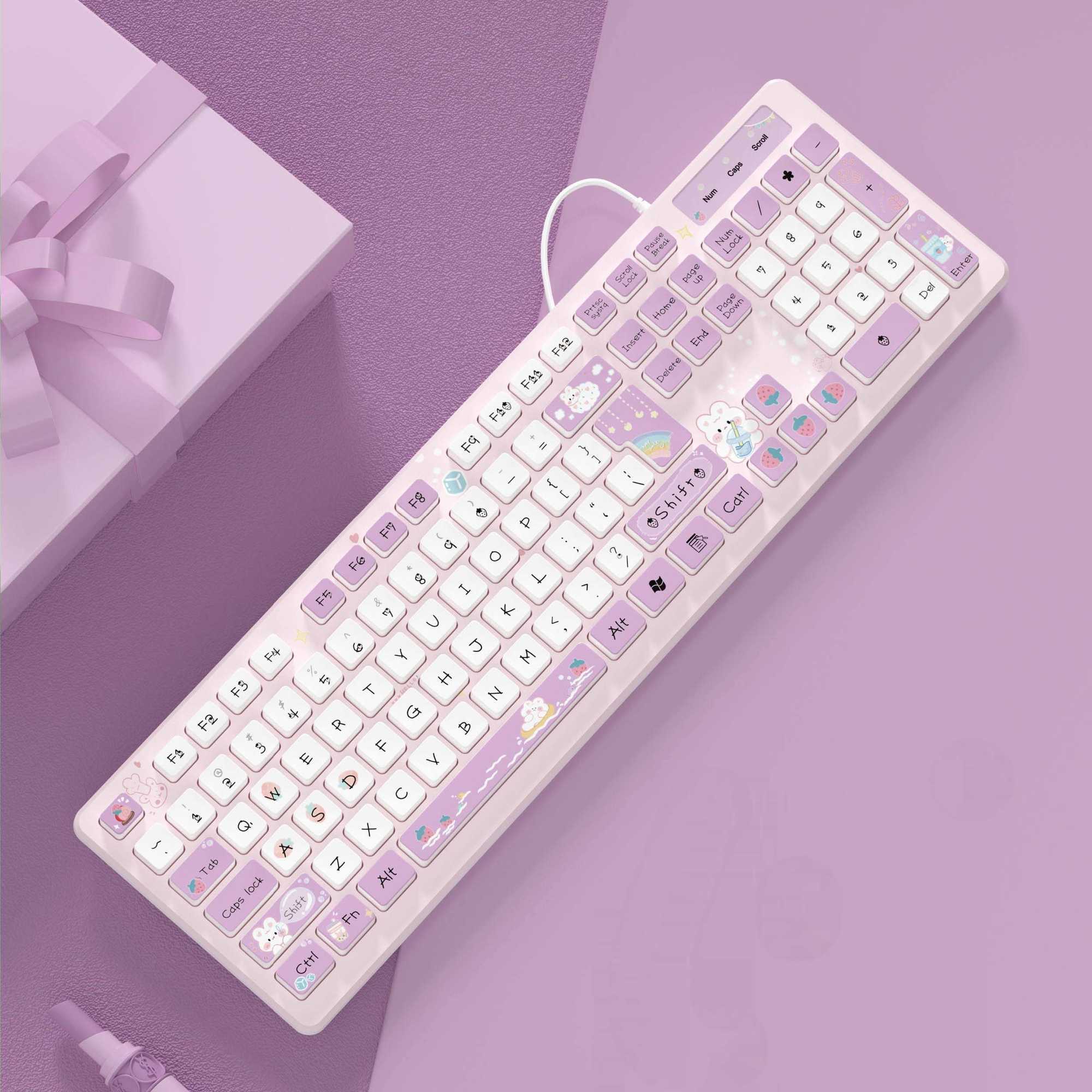 Keyboards Kawaii Pink Wired Keyboard for Office PC with Mute Click Gaming Keyboard for Girl Gaming Accessories Keyboard Green Blue Purple G230525