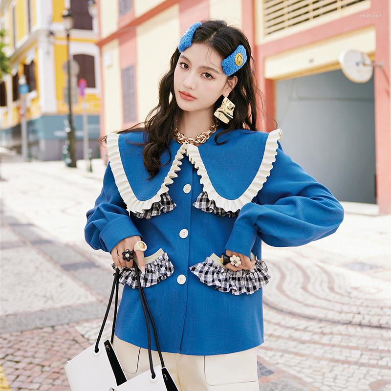 Women' Jackets Women' Blue Vintage Top Coat Doll Neck Casual Splice Checked Wood Ear Side Pocket Cover Women
Women' Jackets Women' Blue Vintage Top Coat Doll Neck Casual Splice Checked Wood Ear Side Pocket Cover Women