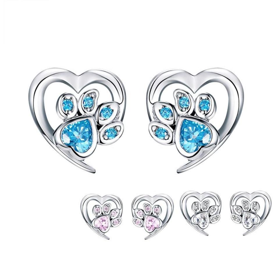 Blue Crystal Pet Paw Stud Earrings for Girl Heart Shape CZ Footprint Ear Studs Jewelry Women Design Bijoux SCE6543215508
