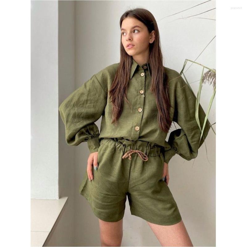 Women' T Shirts Women Summer Cotton Linen Suit Thin Long Sleeve Button Blouse And Shorts Suits Loose Causal Green Outfit