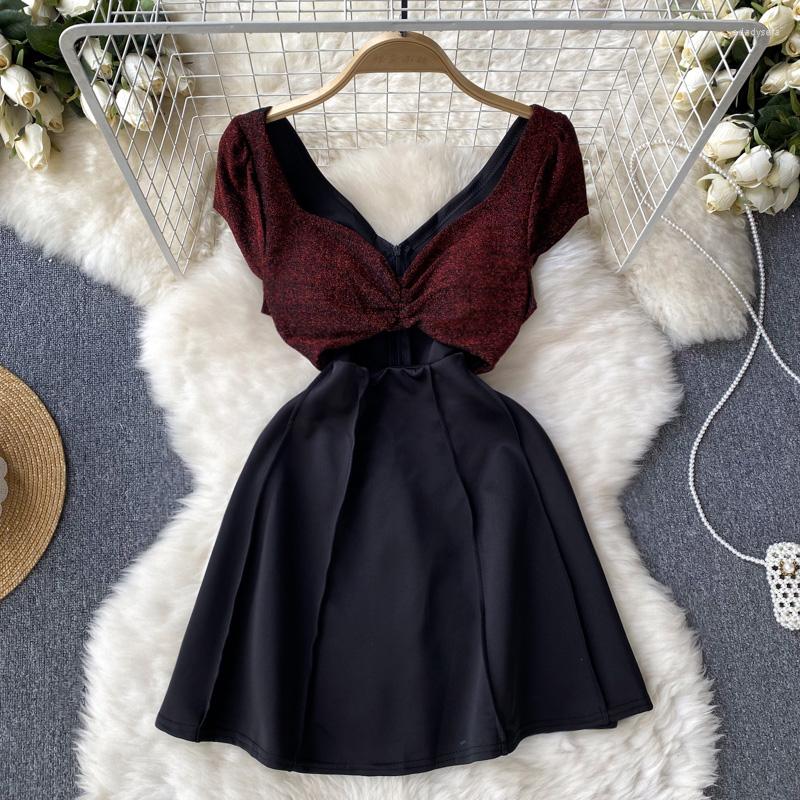 Party Dresses Summer Pure Desire Wind Sexy Short-sleeved V-neck Splicing Hollow Strapless Waist-skimming Puffy Princess Dress, Black
Party Dresses Summer Pure Desire Wind Sexy Short-sleeved V-neck Splicing Hollow Strapless Waist-skimming Puffy Princess Dress, Black