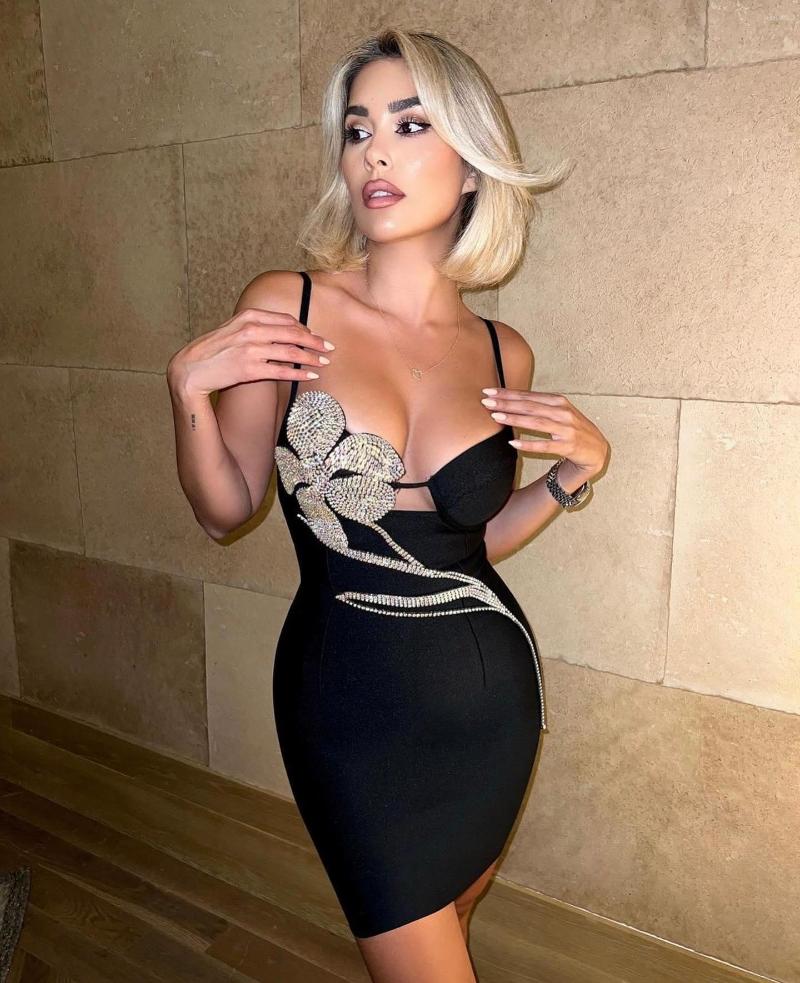 Casual Dresses Fu Rui Winter 2023 Women Dress Bandage Bodycon Black White Embellished Diamonds Flowers Party Evening Clu