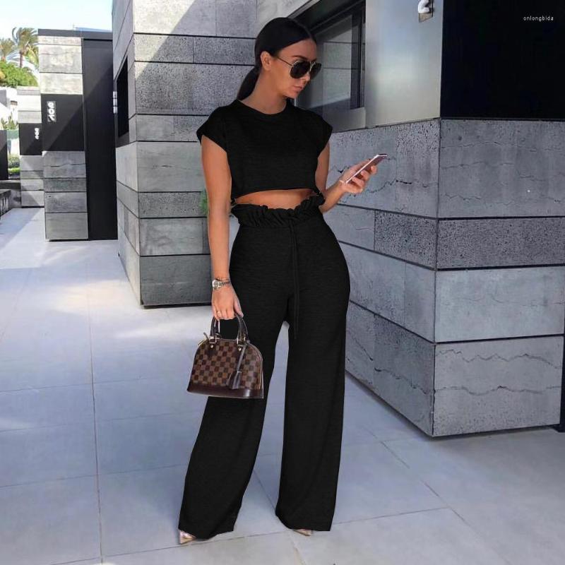Women's Polyester Short Sleeve Crop Top & Wide Leg Pants Set - Casual, Sexy, High Waist, Gray/Black B1