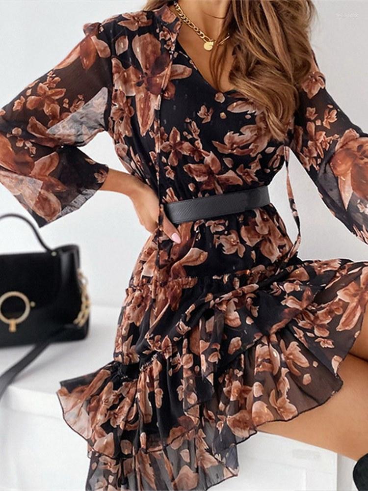 Casual Dresses Spring Summer V Neck Print For Women Full Sleeve Slim Ruffles Lace Up Floral Short Dress, Black
Casual Dresses Spring Summer V Neck Print For Women Full Sleeve Slim Ruffles Lace Up Floral Short Dress, Black