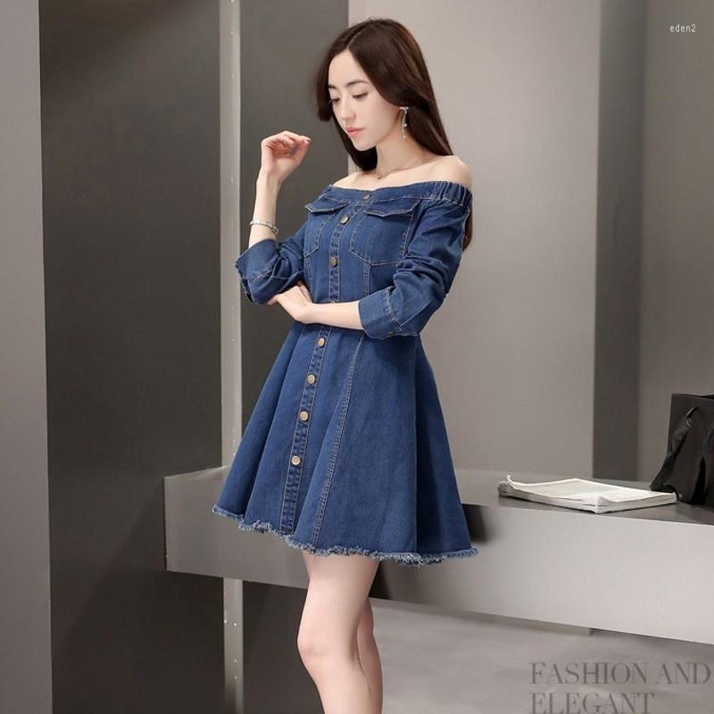 Casual Dresses Sexy Slash Neck Backless Womens Denim Short Dress Korean Long Sleeve Single Breasted Solid Big Hem Slim Female A-Line, Blue
Casual Dresses Sexy Slash Neck Backless Womens Denim Short Dress Korean Long Sleeve Single Breasted Solid Big Hem Slim Female A-Line, Blue