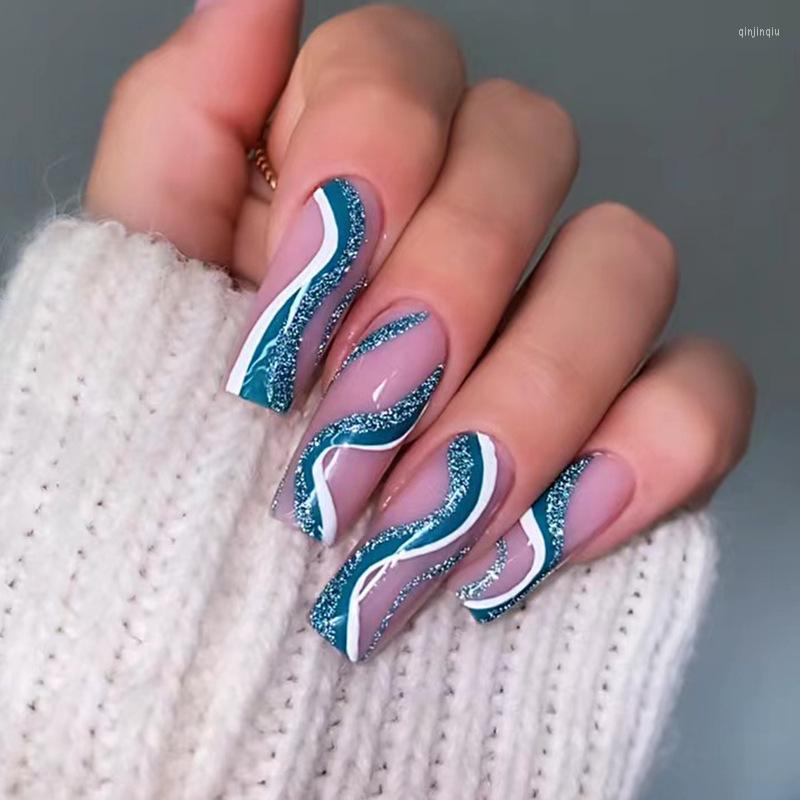 False Nails 24pcs/Box Long Ballerina Fake Blue White Wave Glitter Press On Sweet Cool Artificial Fingernail Nail Art For Women, W266
False Nails 24pcs/Box Long Ballerina Fake Blue White Wave Glitter Press On Sweet Cool Artificial Fingernail Nail Art For Women, W266
