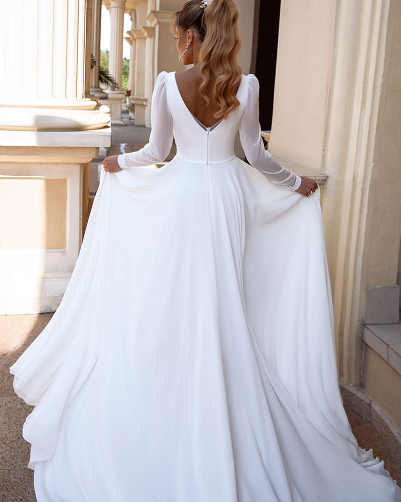 V Elegant Neck Chiffon Dress Long Sleeves Simple Wedding Gowns Backless Bridal Gown For Women Robe De Mariee