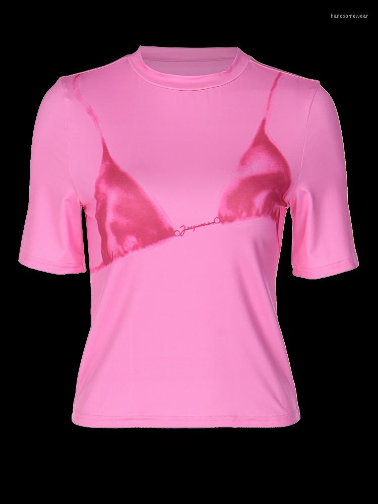 Women's Summer Short Sleeve O Neck Bikini Print T Shirt Sexy Streetwear Casual Polyester T-Shirt 2024 Rose Red B3