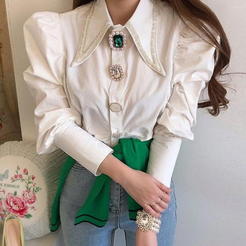Women' Blouses Women Vintage White Diamonds Blouse Spring Rhinestones Shirts Turn Pointed Collar OL Crystal Long Puff Sleeve Pearls Button
Women' Blouses Women Vintage White Diamonds Blouse Spring Rhinestones Shirts Turn Pointed Collar OL Crystal Long Puff Sleeve Pearls Button