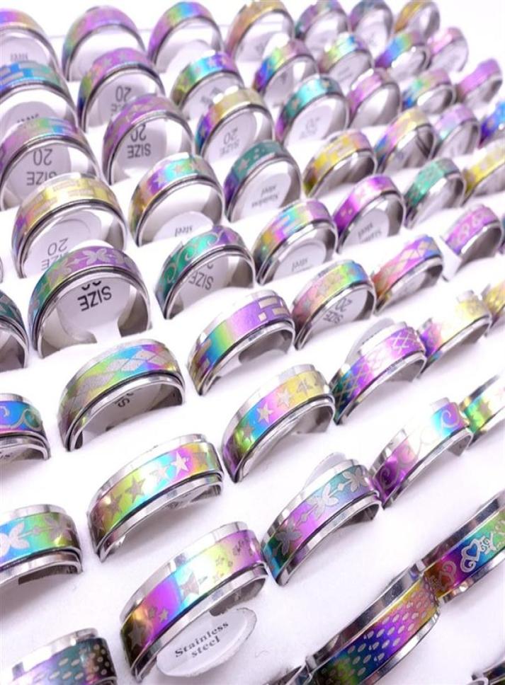 Wholesae 100PCs Lot Stainless Steel Spin Band Rings Rotatable Multicolor Laser Printed Mix Patterns Fashion Jewelry Spinner Party