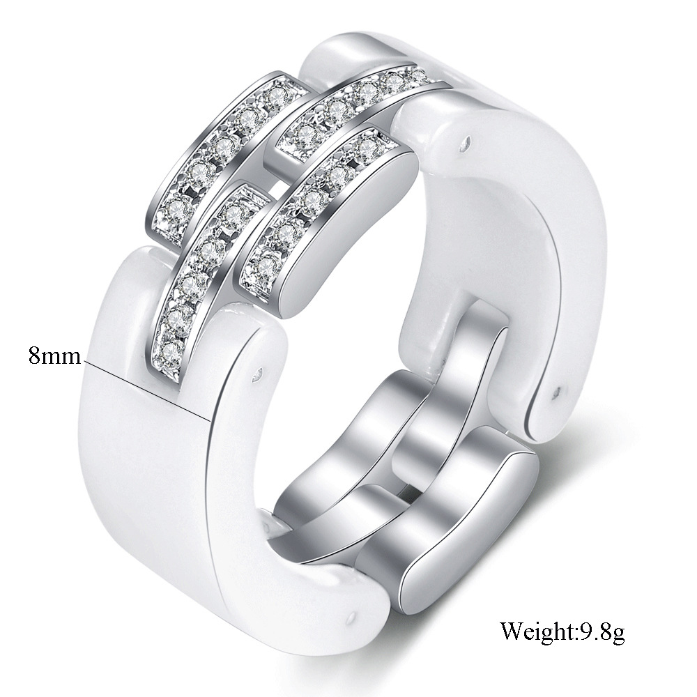 Elegant Black White Ceramic Chain Ring for Men Women Stainless Steel Austrian Crystal Porcelain Rings Wedding Jewelry Gift