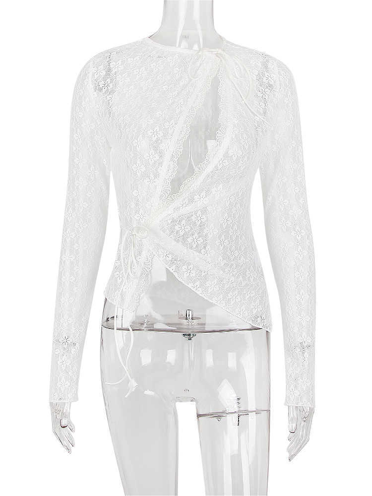 Female New Long Sleeve Blouse Shirts Fashion Going Out Night Club Party Wear See Through Lace Cardigan Tops 2022