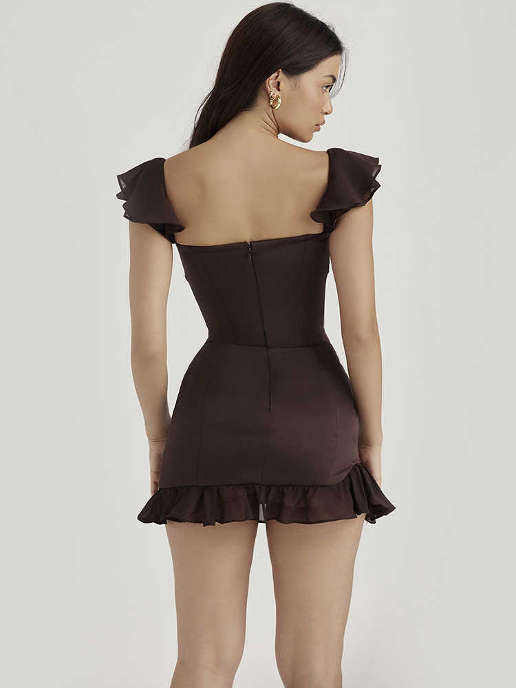 New Ruffles Sleeve Backless Bodycon Mini Dress Club Party Thick Satin Clothing Luxury Elegant Dresses For Women