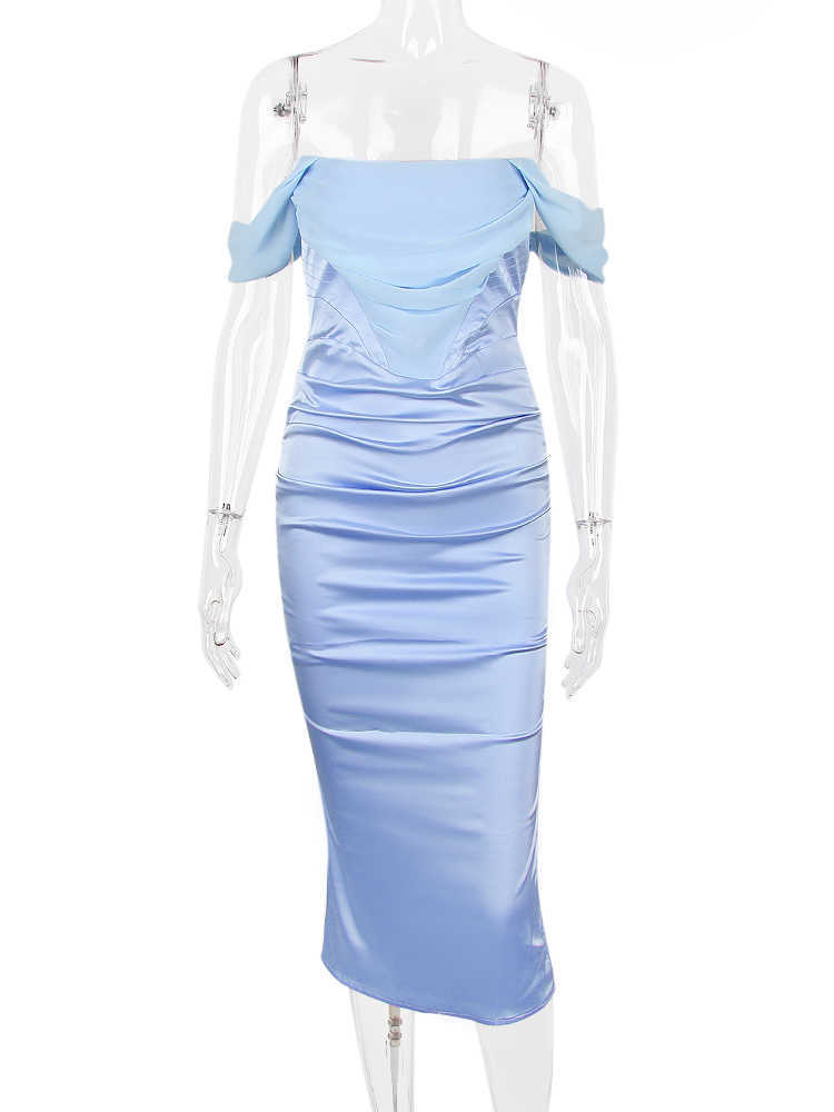 Satin Blue Midi Dresses Celebrity Summer Clothes Chic Cowl Neck Off Shoulder Elegant Dress Women For Wedding Party