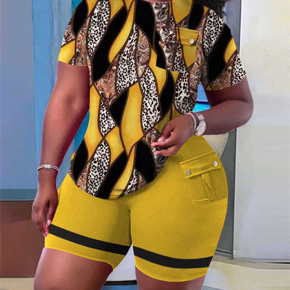 2023 Summer Women Tracksuits Fashion Casual Printing Short Sleeve Top And Shorts With Pocket Set 13 Colours