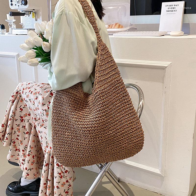 Evening Bags Fashion Hollow Weaving HandBag Women Summer Paper Rope Hand-Woven Bag Casual Shoulder Simple Sac Ladies Gifts Tote, Beige