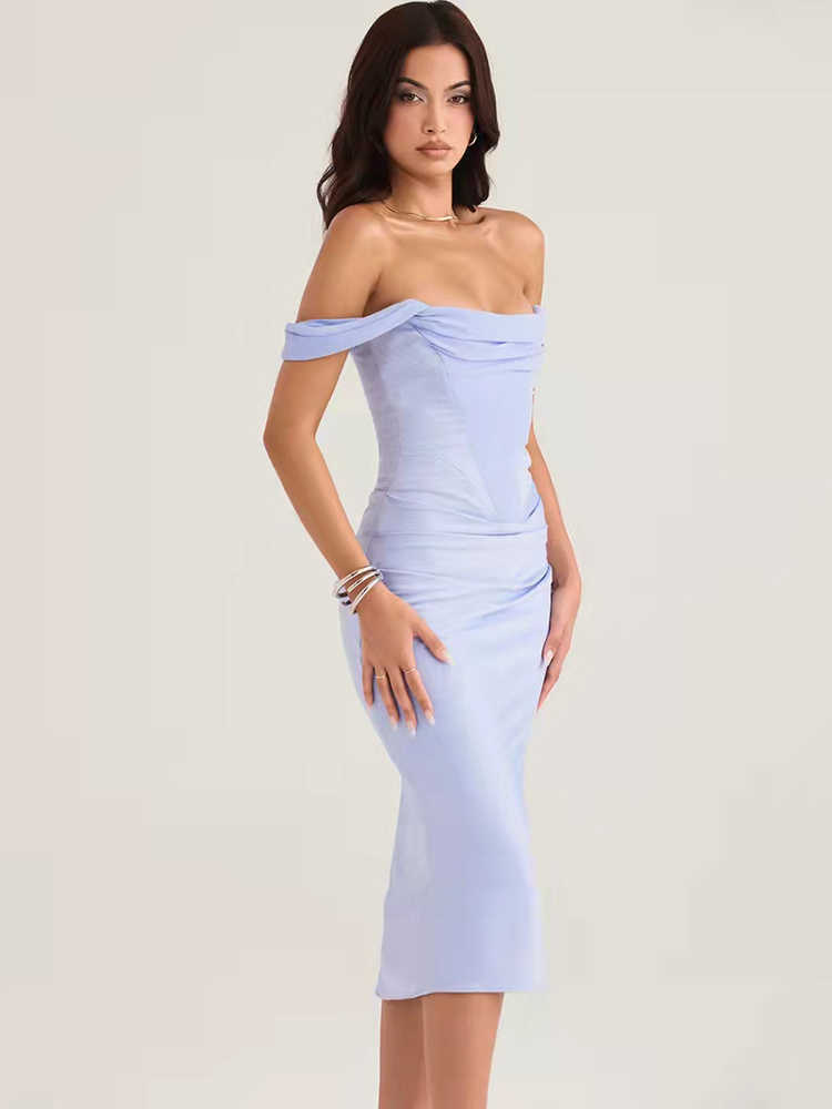 Satin Blue Midi Dresses Celebrity Summer Clothes Chic Cowl Neck Off Shoulder Elegant Dress Women For Wedding Party