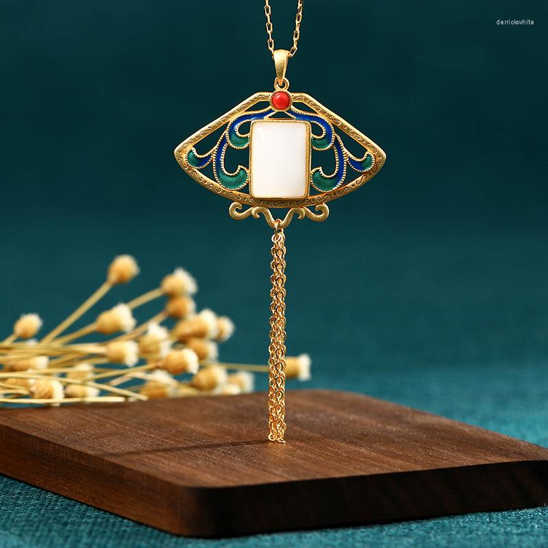 Pendant Necklaces Chinese Style Jewelry Cloisonne Necklace Scalloped Square White Hetian Jade Plated Gold Tassel For Women
Pendant Necklaces Chinese Style Jewelry Cloisonne Necklace Scalloped Square White Hetian Jade Plated Gold Tassel For Women