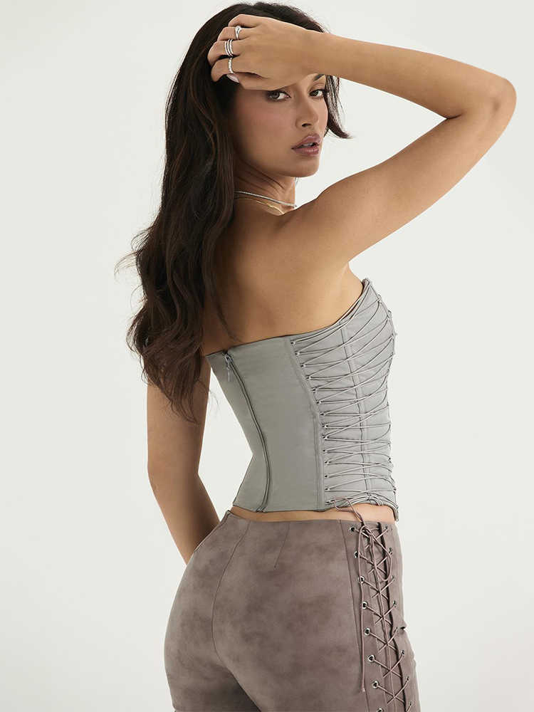 Fashion Going Out Street Wear Vest For Women Tube Tops Elegant Club Party Outfits Lace Up y2k Grey Cropped Tops