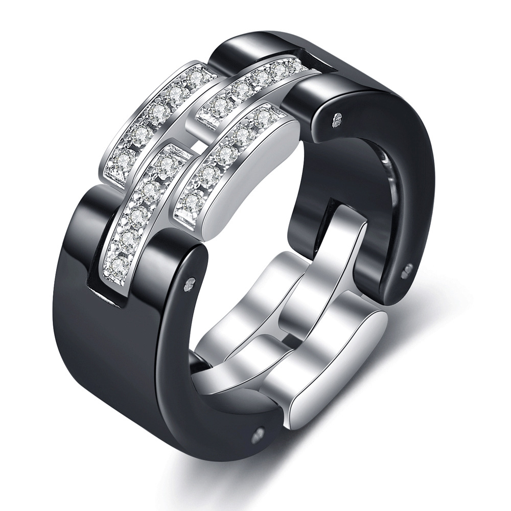 Elegant Black White Ceramic Chain Ring for Men Women Stainless Steel Austrian Crystal Porcelain Rings Wedding Jewelry Gift