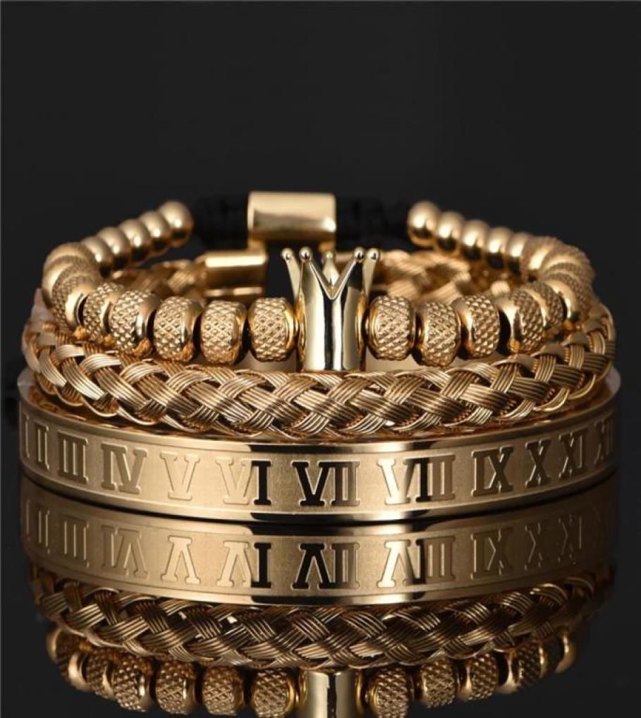 3pcs set Luxury Roman Royal Crown Charm Bracelet Men Stainless Steel Geometry Pulseiras Open Adjustable Bracelets Couple Jewelry G