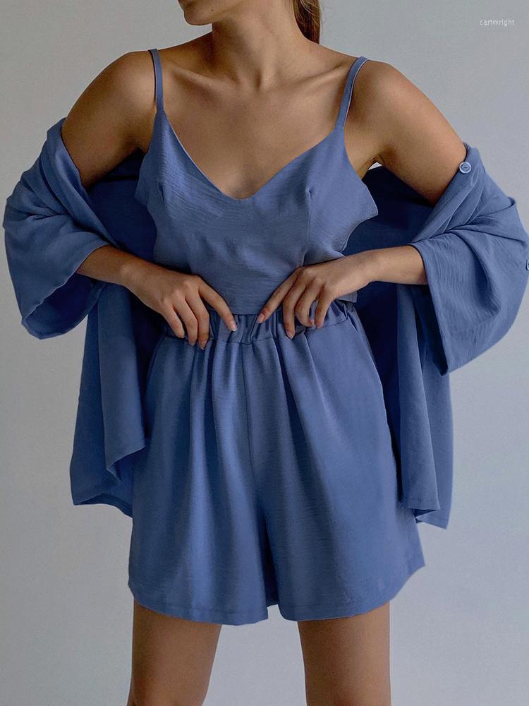 Women' Sleepwear Blue Pajamas For Women 3 Piece Sets Short Sleeve Female Spaghetti Strap Tops Casual Suits With Shorts Spring 
Women' Sleepwear Blue Pajamas For Women 3 Piece Sets Short Sleeve Female Spaghetti Strap Tops Casual Suits With Shorts Spring