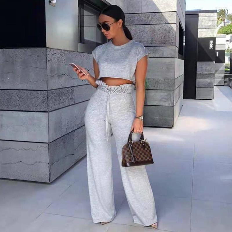 Women's Polyester Short Sleeve Crop Top & Wide Leg Pants Set - Casual, Sexy, High Waist, Gray/Black B1