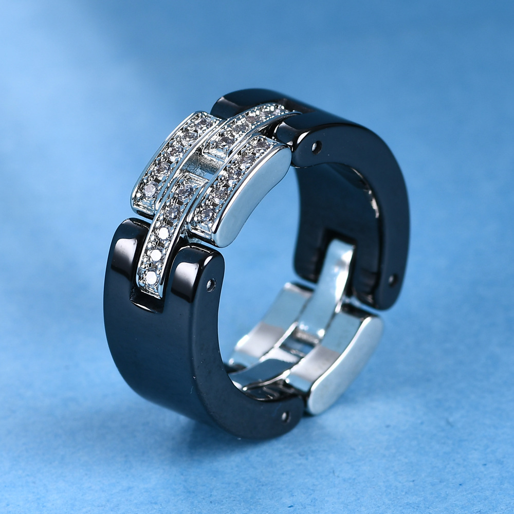 Elegant Black White Ceramic Chain Ring for Men Women Stainless Steel Austrian Crystal Porcelain Rings Wedding Jewelry Gift