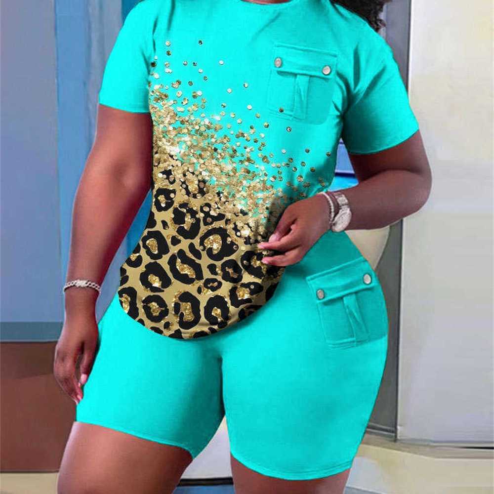 2023 Summer Women Tracksuits Fashion Casual Printing Short Sleeve Top And Shorts With Pocket Set 13 Colours