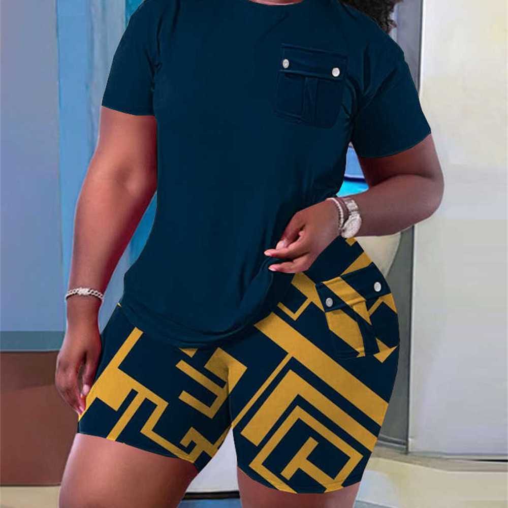 2023 Summer Women Tracksuits Fashion Casual Printing Short Sleeve Top And Shorts With Pocket Set 13 Colours