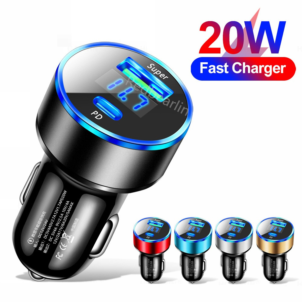 PD Car Charger 20W Fast Charging Car Phone Charger With LED Display For iPhone 12 13 14 15 16 Xiaomi Huawei Samsung USB Type C Charger In Car