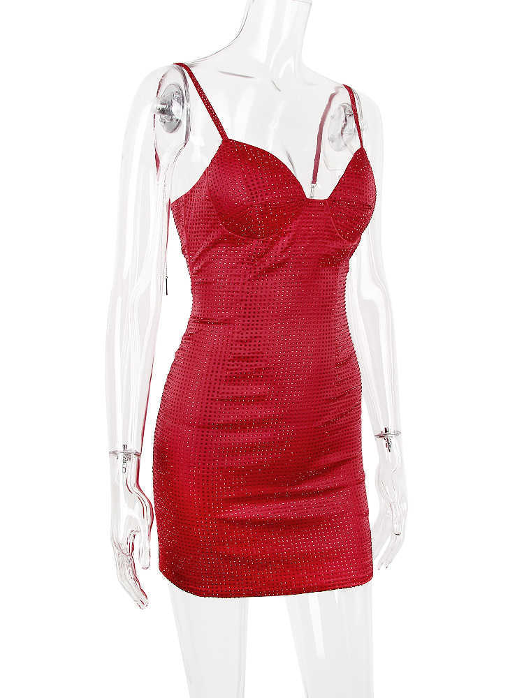 Christmas Celebrity Red Mini Dress Fashion Rave Outfits New Luxury Design Hot Fix Diamonds Party Dresses For Women 2022