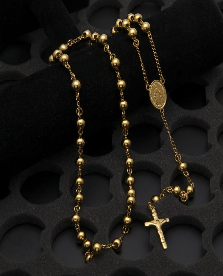 NEW Catholic Goddess Virgen de Guadalupe 8mm beads 18K Gold Plated Rosary Necklace Jewelry Jesus Crucifix Cross Pendant4567573