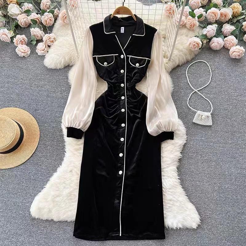 Casual Dresses 2023 Autumn Spring Single Breasted Shirt Dress French High Quality Women Lapel Velvet Patchwork Organza Bodycon Midi Vestidos, Black
Casual Dresses 2023 Autumn Spring Single Breasted Shirt Dress French High Quality Women Lapel Velvet Patchwork Organza Bodycon Midi Vestidos, Black