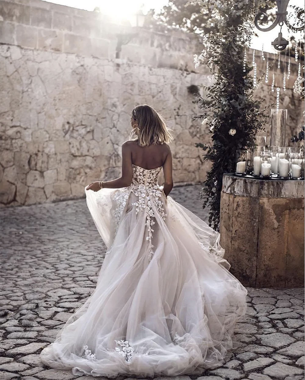 Sexy Sweetheart Tulle A e Wedding Romantic Lace Appliques Beaded Bohemian Country Bridal Gowns Open Back Sweep Train Dresses
